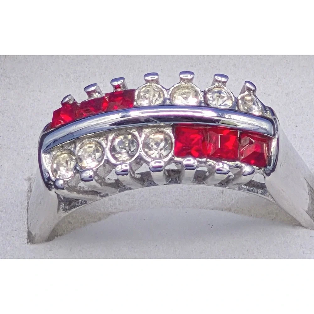 Vintage Ring Size 8 Silver Tone Red Clear Stone Dual Row Statement Band